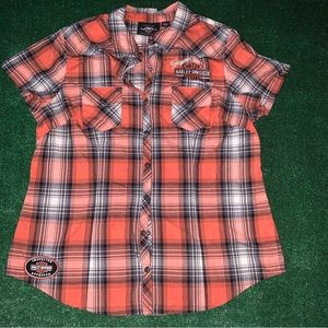 Harley Davidson Genuine Power Embroidered  Snap Up Plaid Shirt Women SZ Large.